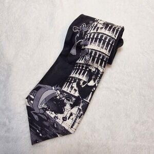 Vtg Looney Tunes 100% Silk Tie Black Italy Leaning Tower Pisa 4"